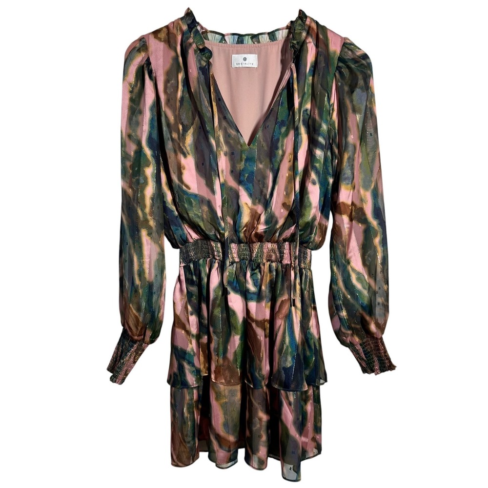 Socialite Pink Green Abstract Watercolor Metallic Stripe Smocked Mini Dress S